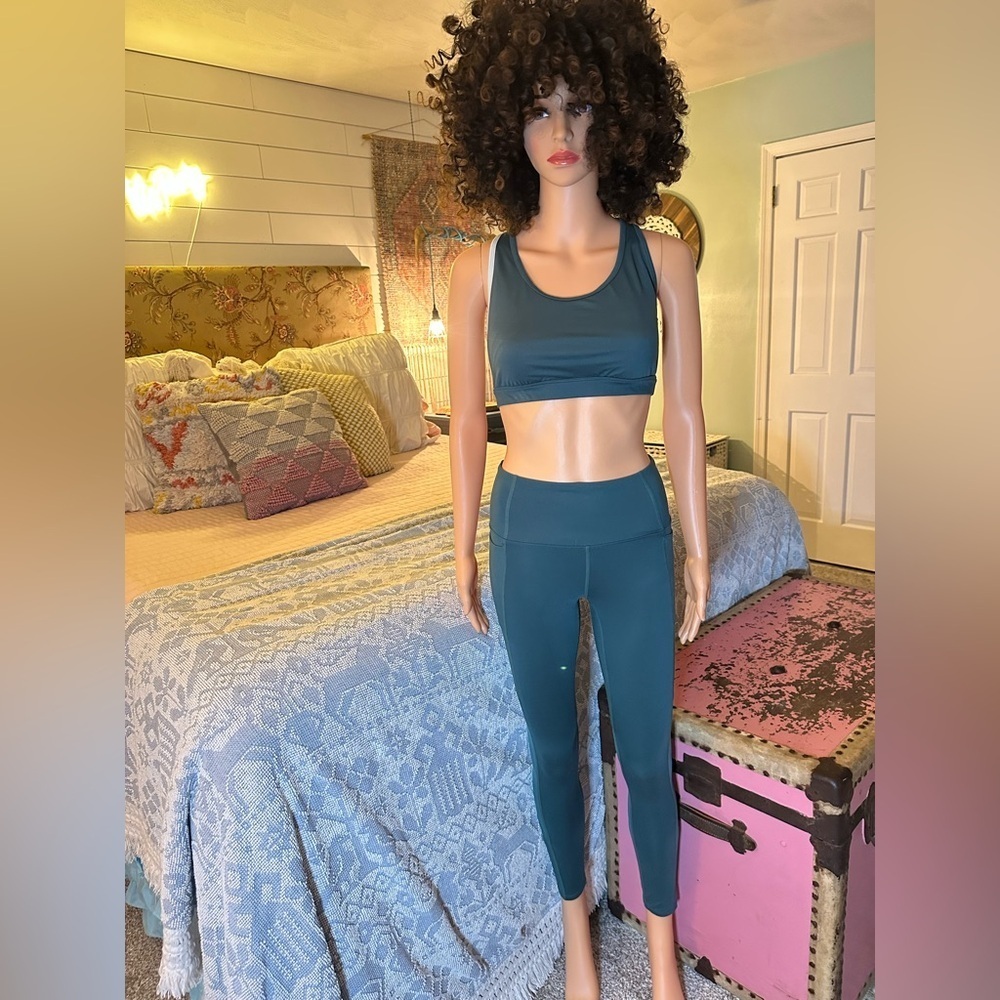 JoyLab dark green workout set with sheer leggings sz XS and top sz M - hot